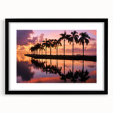 Abstract art print of a colorful Miami skyline, textured finish on a large black-framed canvas, ideal for living room decor.