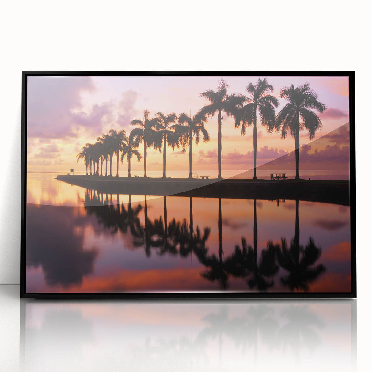 Large abstract wall art depicting the Miami skyline in vibrant hues on a black framed acrylic.