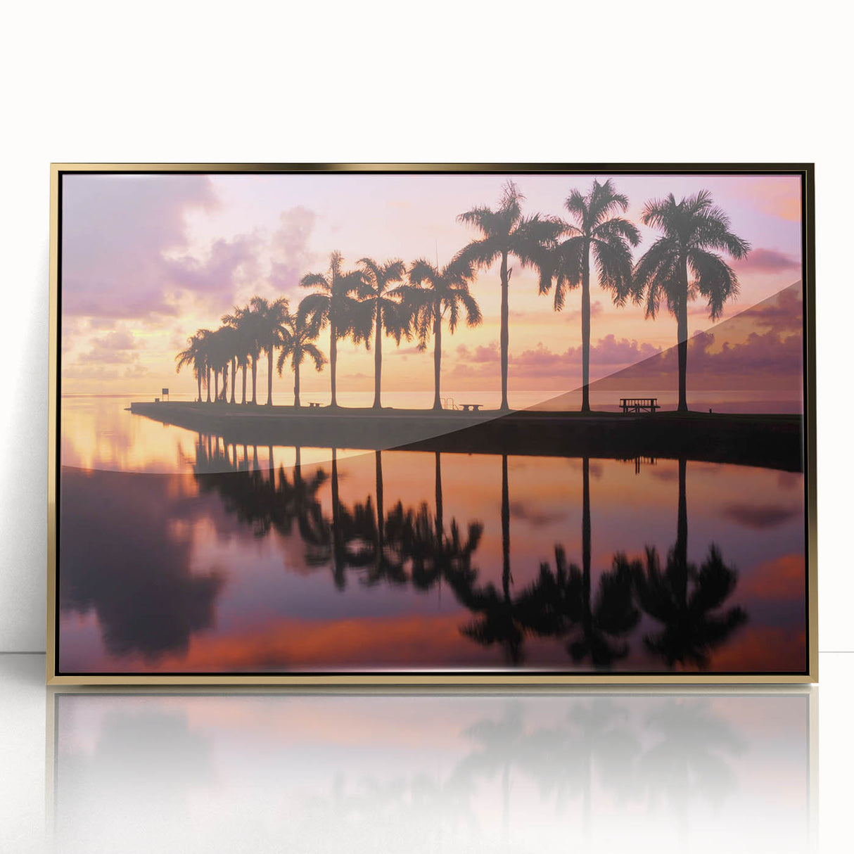 Framed acrylic print of Miami skyline in mid-century modernist style with gold accents, ideal for modern art wall decor.