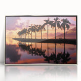 Mid-century modernist art depicting a Miami skyline in pastel shades on a silver-framed acrylic print.