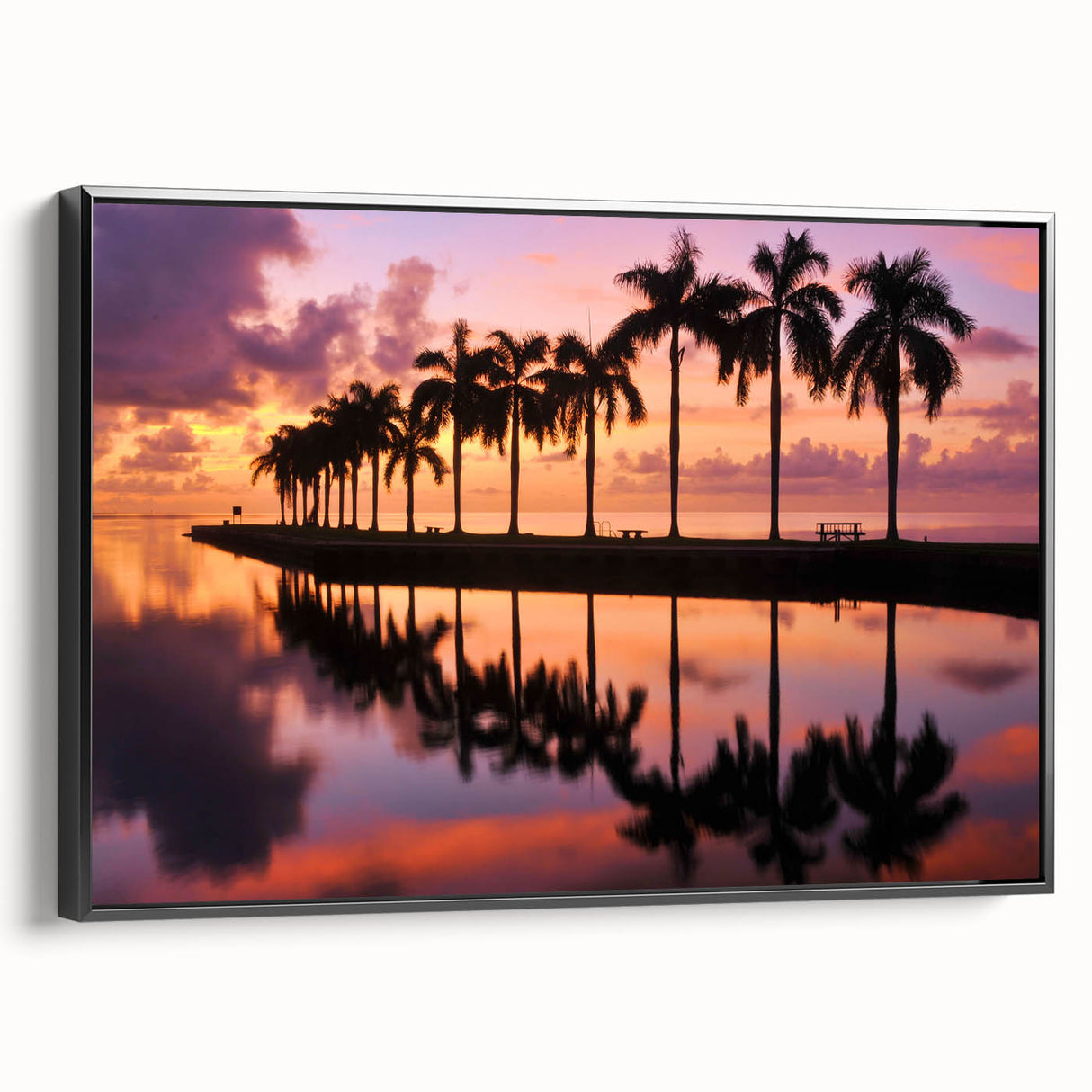 Black and white framed canvas of Miami skyline, vintage poster art style, ideal for bedroom wall decor.