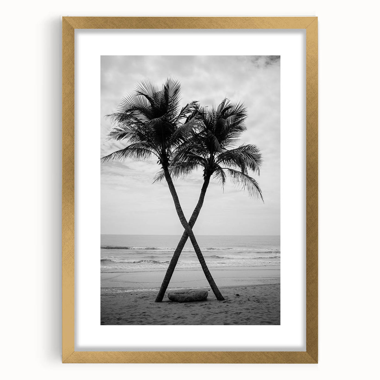 Extra large abstract art print of Florida's Palm Beach in textured strokes of blue and gold, framed in gold.