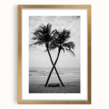 Extra large abstract art print of Florida's Palm Beach in textured strokes of blue and gold, framed in gold.
