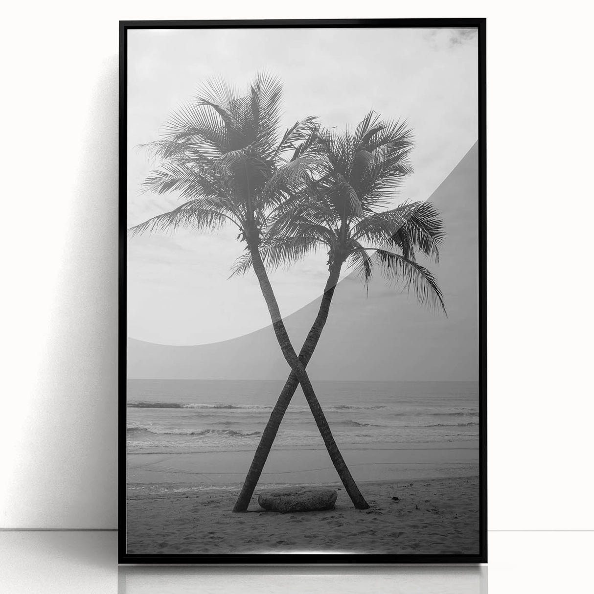 Large abstract wall art depicting the Palm Beach scenery in muted blue and green tones, framed in black acrylic.