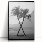 Large abstract wall art depicting the Palm Beach scenery in muted blue and green tones, framed in black acrylic.