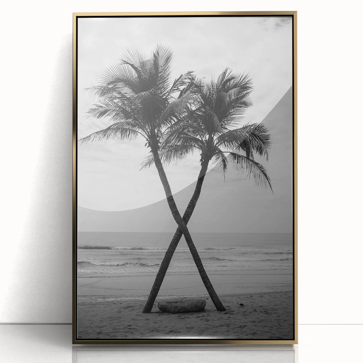 Framed acrylic print of Palm Beach with mid-century modernist style in muted gold and blue tones.
