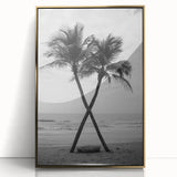 Framed acrylic print of Palm Beach with mid-century modernist style in muted gold and blue tones.