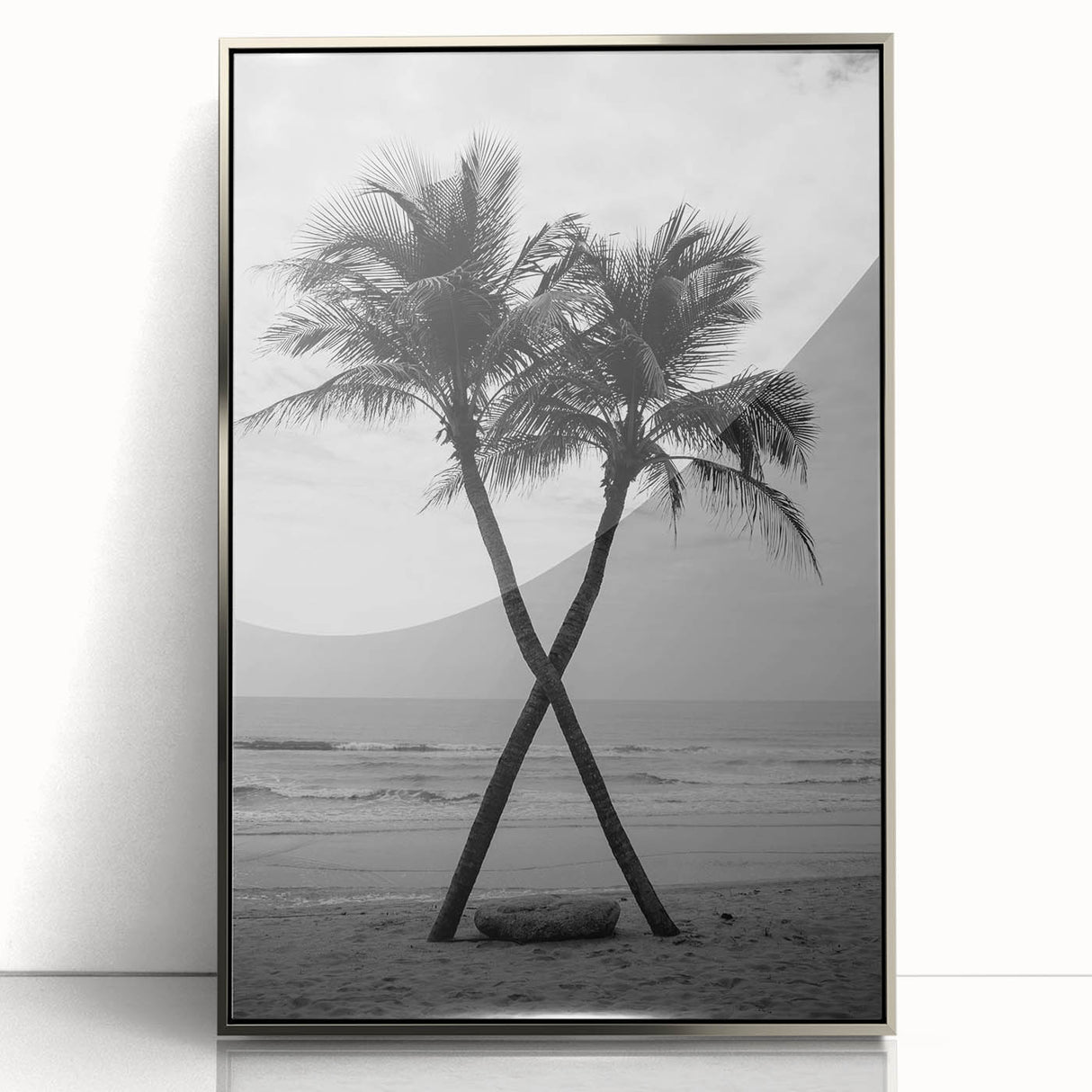 Mid-century modernist art depicting Palm Beach scenery in muted pastel tones on a silver-framed acrylic print.