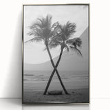Mid-century modernist art depicting Palm Beach scenery in muted pastel tones on a silver-framed acrylic print.