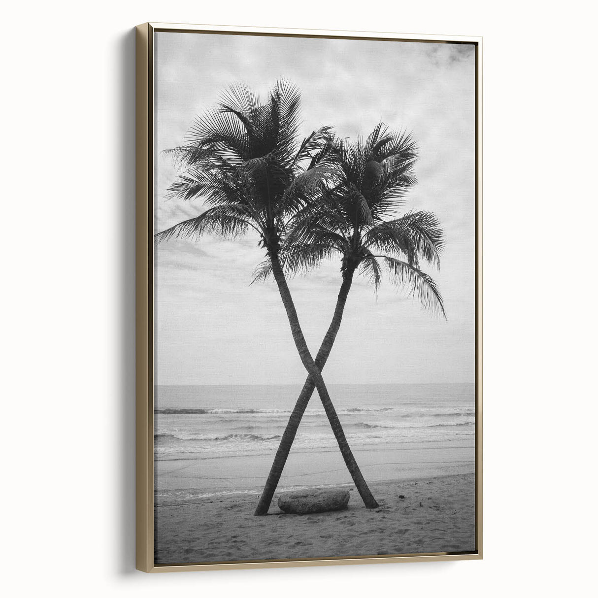 Framed canvas featuring a vintage-style landscape painting of Palm Beach with muted gold and black tones.