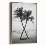 Framed canvas featuring a vintage-style landscape painting of Palm Beach with muted gold and black tones.