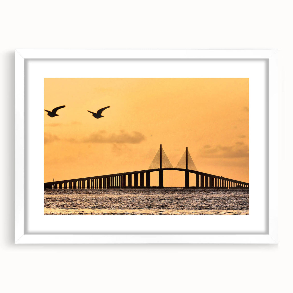 Abstract art print of Tampa skyline in muted blue and gray tones on a framed white mat.