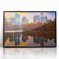 Large abstract wall art of Atlanta skyline in muted gray and blue tones on framed acrylic.
