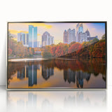 Mid-century modernist art of Atlanta skyline in silver framed acrylic, featuring pastel shades, ideal for nursery wall art.