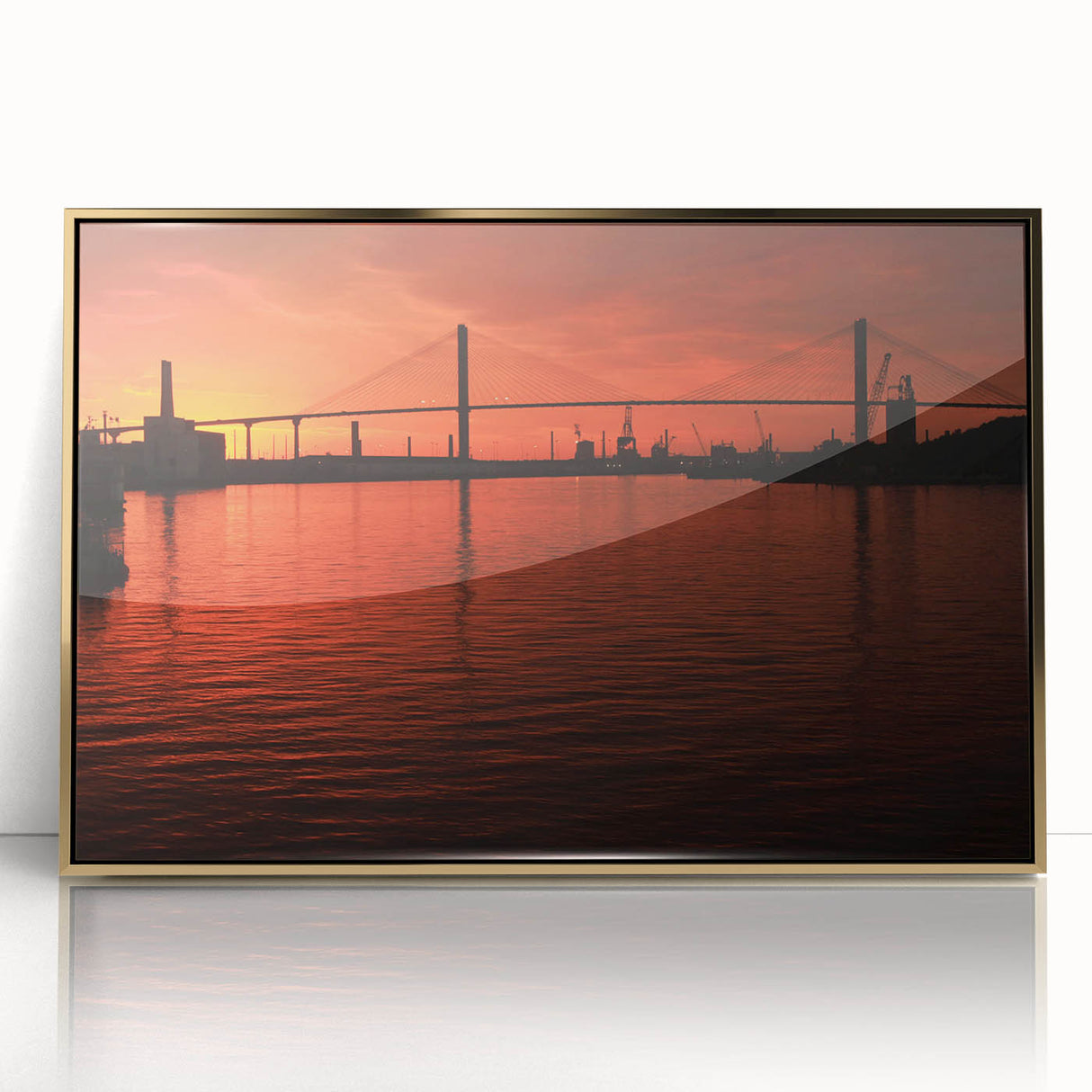 Framed acrylic print of Savannah, Georgia, featuring mid-century modernist style and soft gold and green tones.