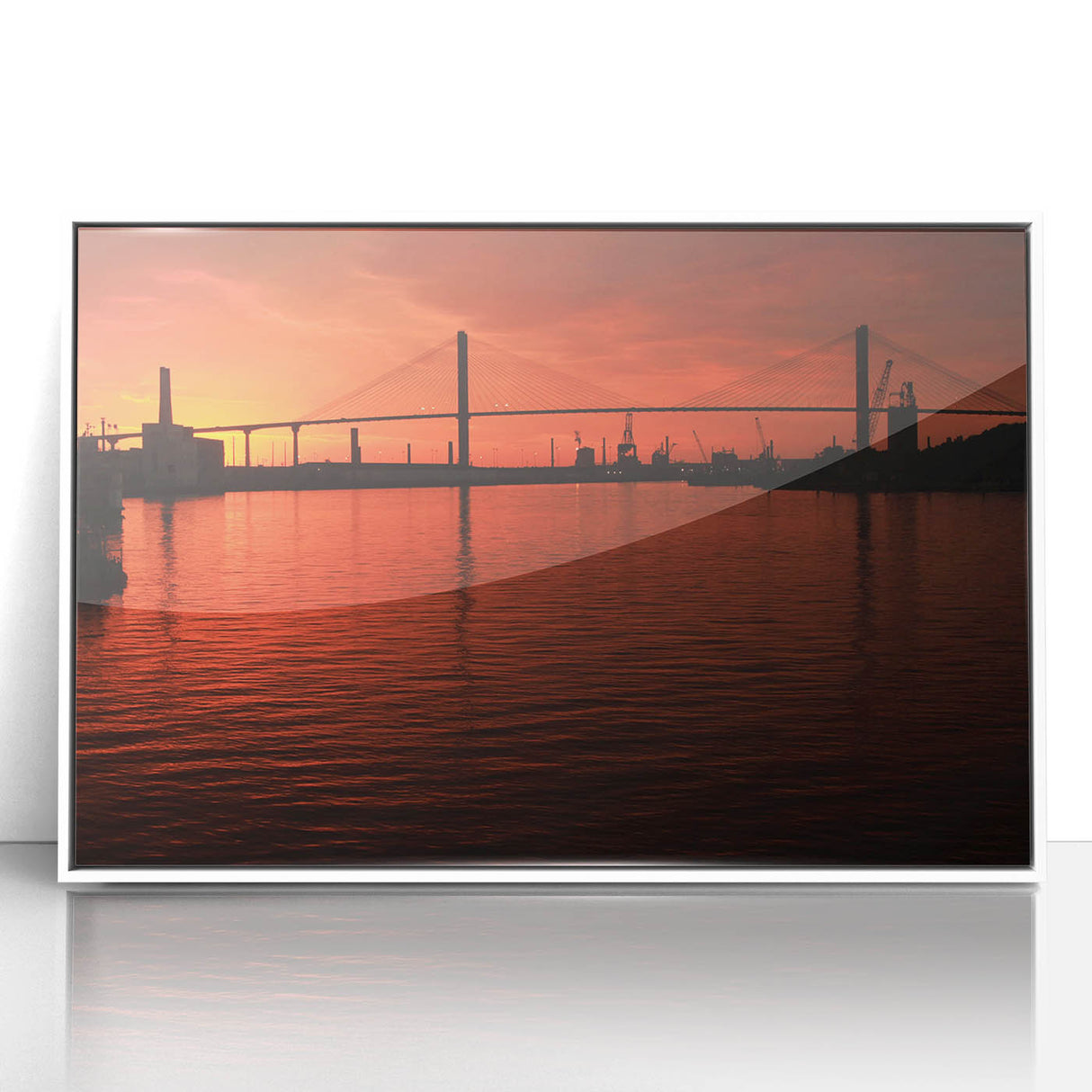 Framed acrylic print of Savannah, Georgia skyline in art deco style with muted pastel colors.