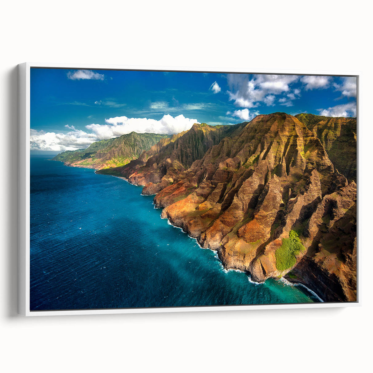 Vintage poster art of Kauai, Hawaii, featuring vibrant colors on extra-large framed canvas, suitable for living room decor.