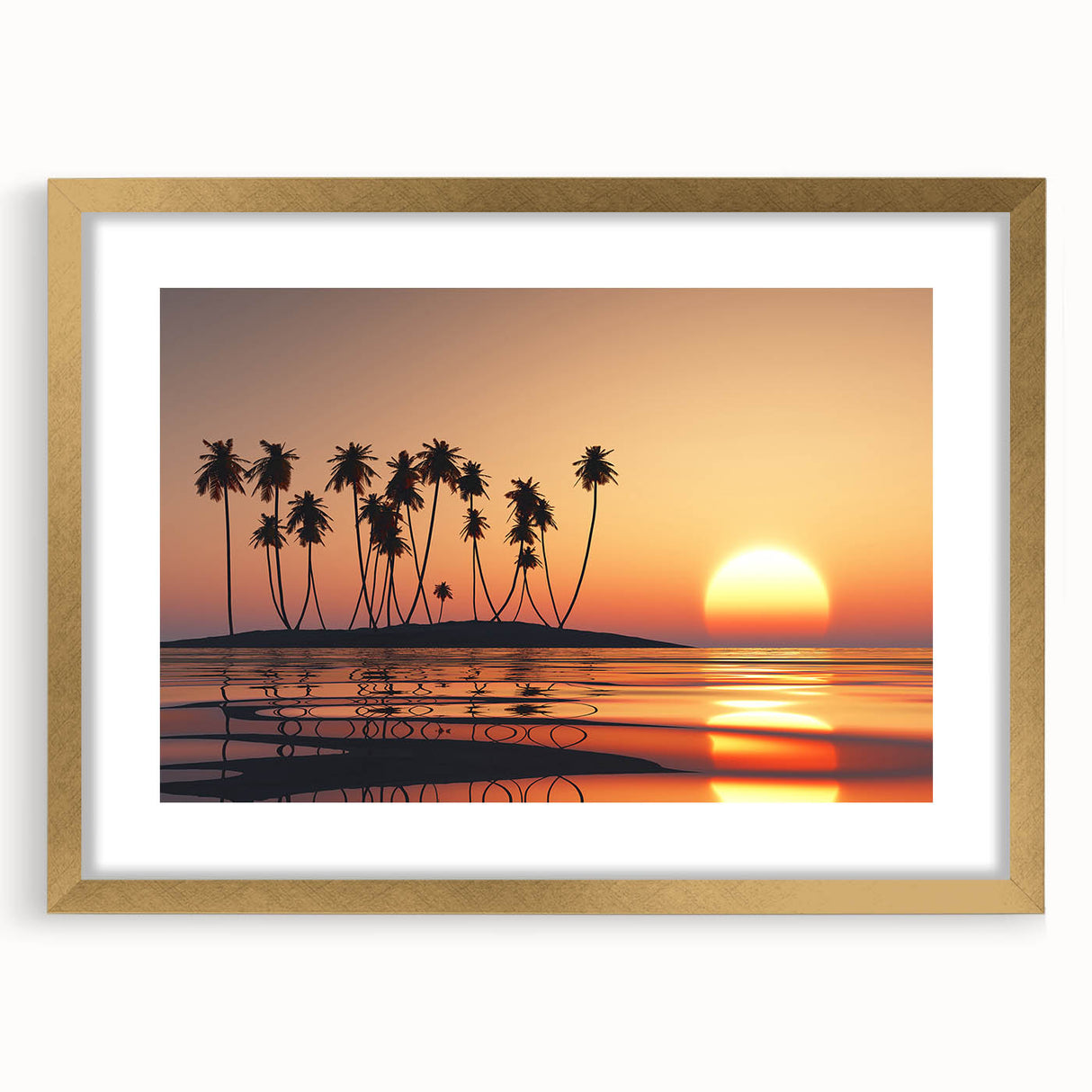 Extra large abstract art print of Maui scenery in a gold frame with mat, featuring textured blue and green hues.