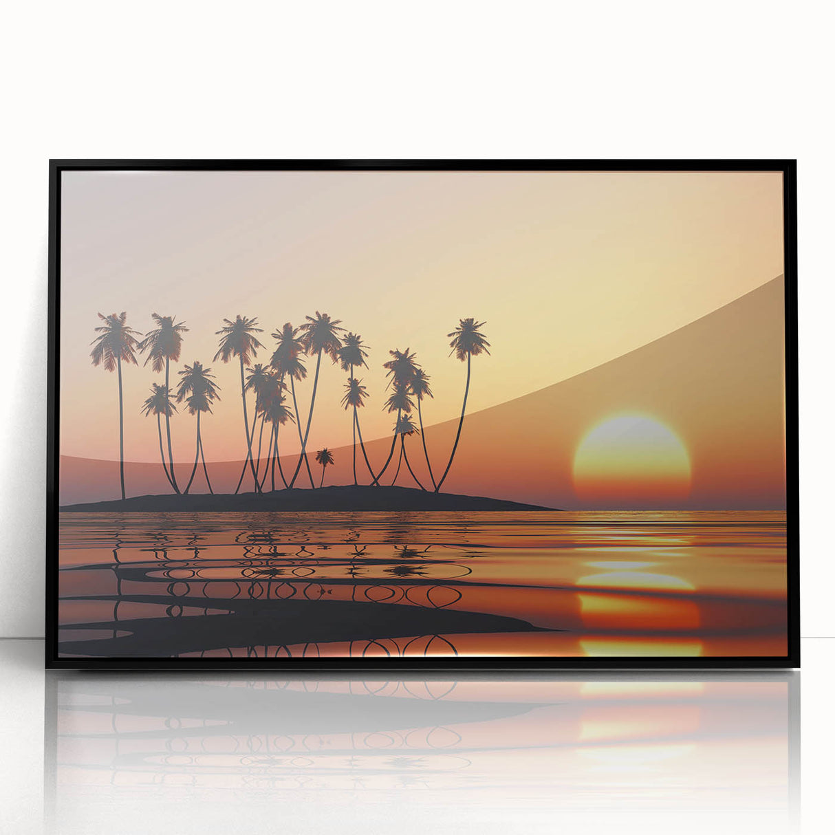Large abstract wall art depicting vibrant Maui scenery in mid-century modernist style, framed in black acrylic.