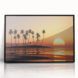 Large abstract wall art depicting vibrant Maui scenery in mid-century modernist style, framed in black acrylic.