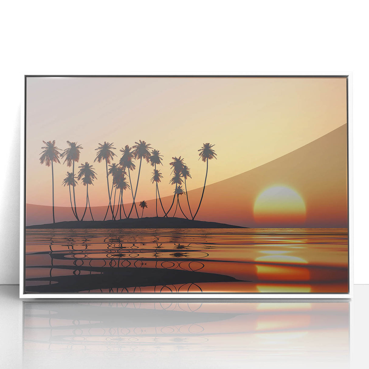 Art deco poster of Maui scenery in white acrylic frame, featuring serene blue and green tones.