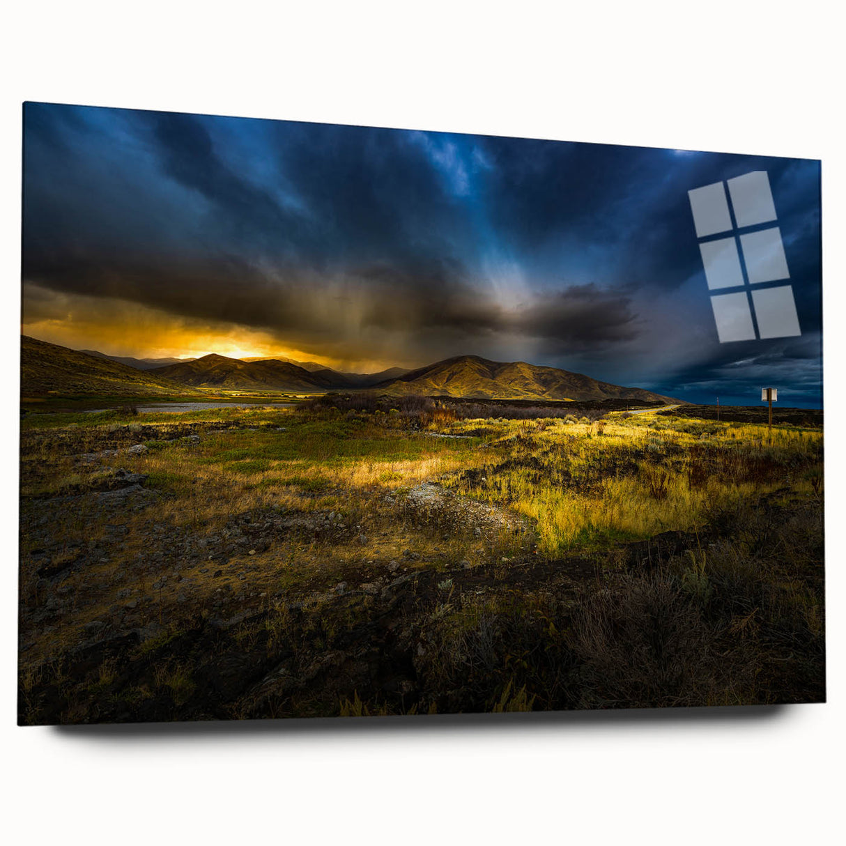 Large abstract wall art featuring swirling blue and gray patterns on acrylic glass.