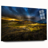 Large abstract wall art featuring swirling blue and gray patterns on acrylic glass.