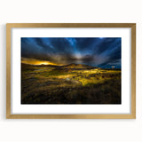 Extra large abstract art print featuring textured scenery of Idaho in muted earth tones, framed in gold.