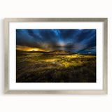 Textured art depicting an abstract Idaho landscape in muted earth tones on a framed silver mat, ideal for bedroom decor.