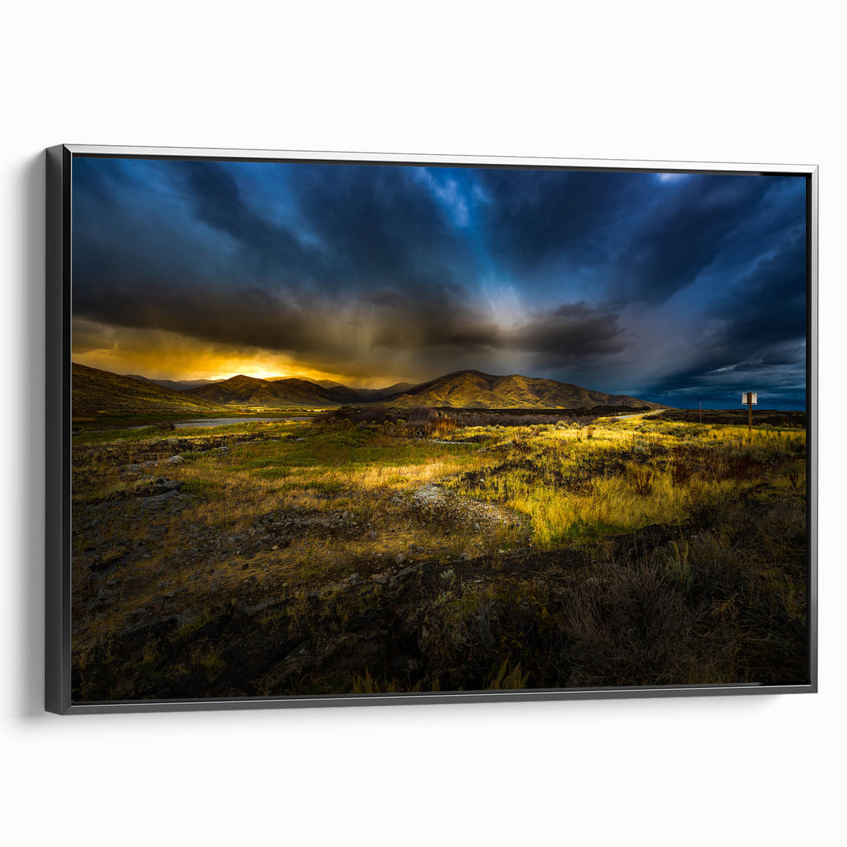 Black and white framed canvas of Idaho landscape, vintage poster style, ideal for bedroom wall art.