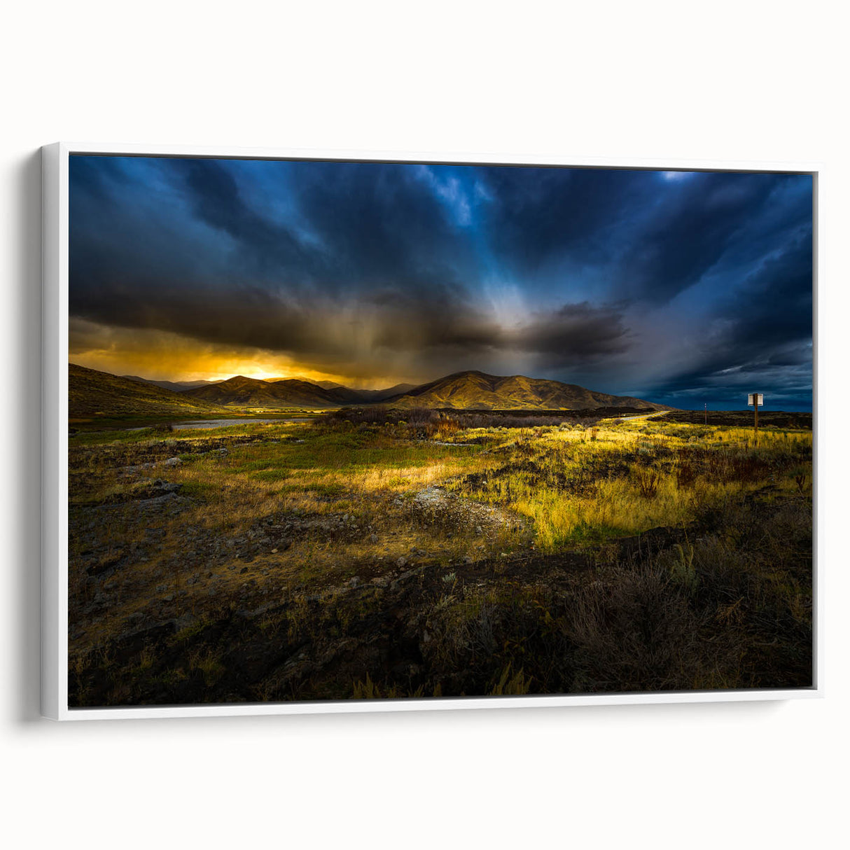 Vintage poster art of Idaho scenery on a framed canvas with vibrant colors, ideal for living room decor.