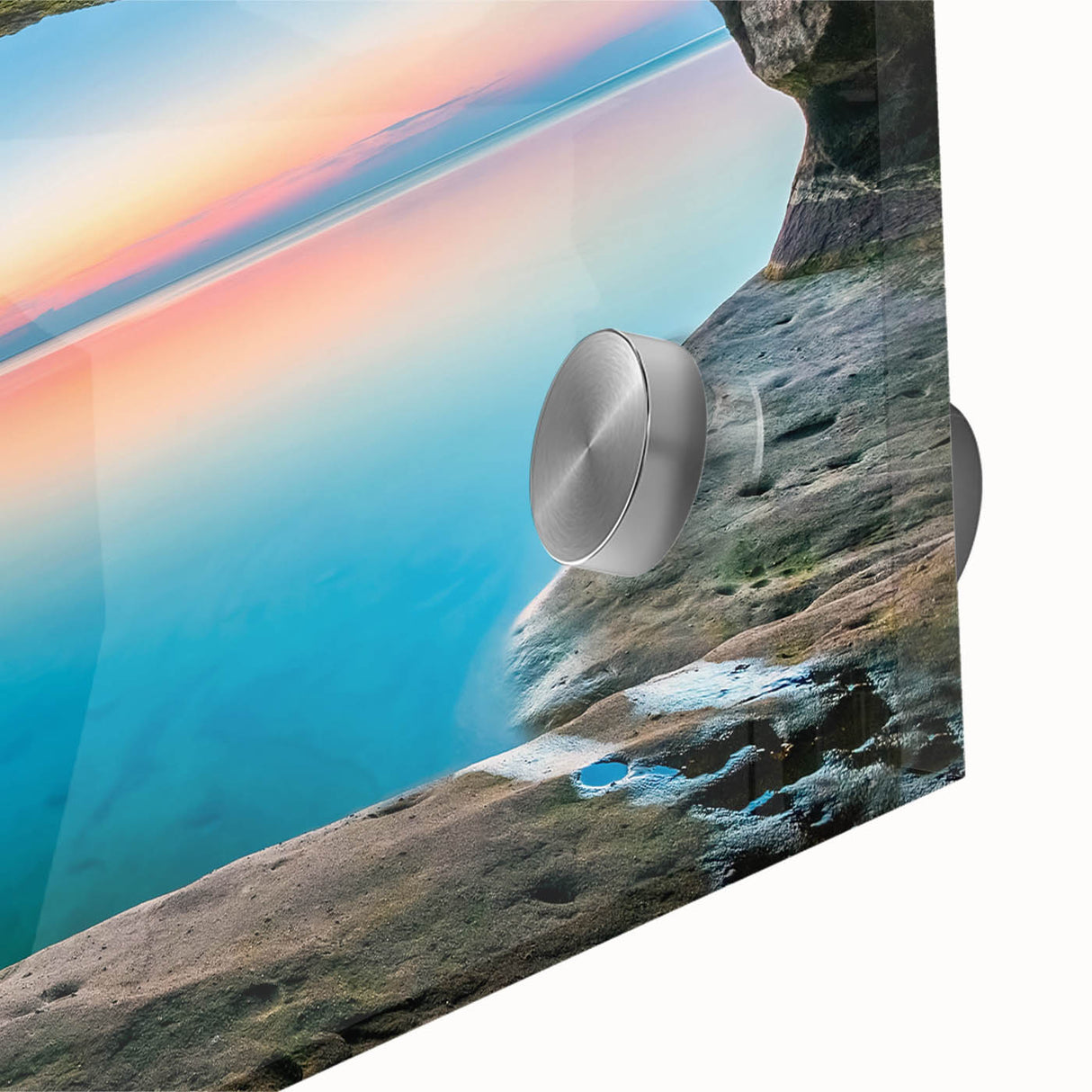 Large abstract wall art of Lake Michigan in muted blue and green tones on acrylic glass, ideal for dining room ambiance.