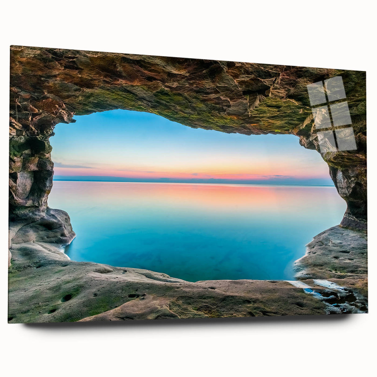 Large abstract depiction of Lake Michigan in muted blue and gray tones on acrylic glass.