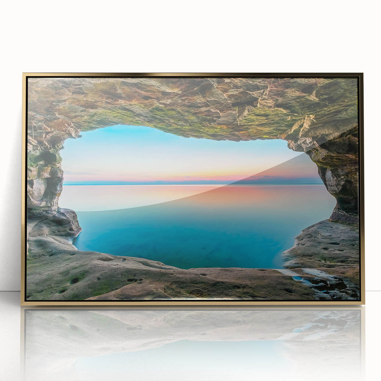 Framed acrylic print of Lake Michigan with muted blue and gray tones, in a mid-century modernist style.