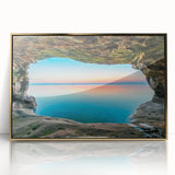 Framed acrylic print of Lake Michigan with muted blue and gray tones, in a mid-century modernist style.