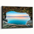 Black and white framed canvas featuring a vintage-style Lake Michigan landscape, ideal for bedroom wall decor.