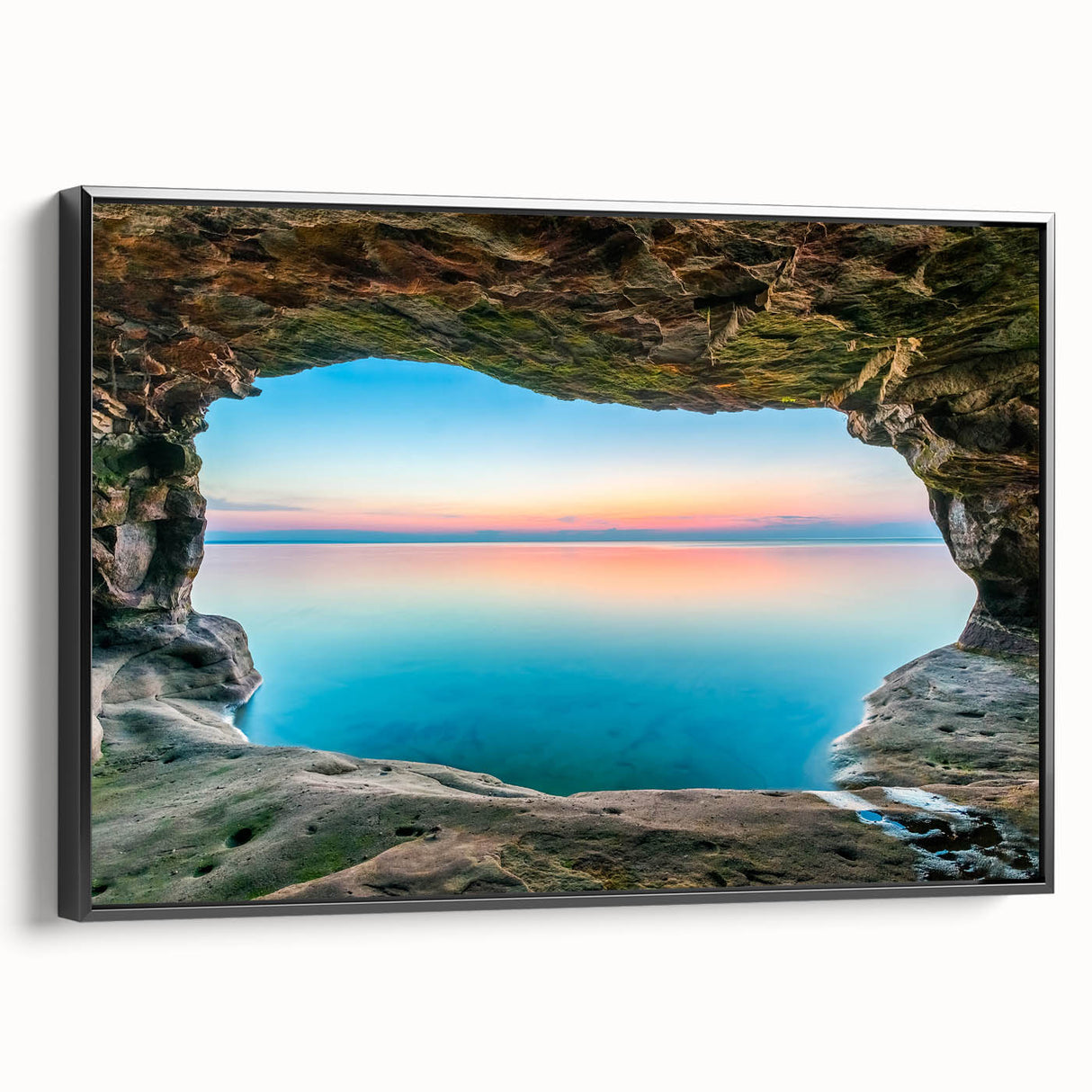 Black and white framed canvas featuring a vintage-style Lake Michigan landscape, ideal for bedroom wall decor.