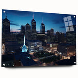 Acrylic print of Indianapolis skyline in muted blues and grays, suitable for bedroom or dining room decor.