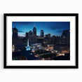 Abstract art print of Indianapolis skyline in vibrant, colorful textures on a large framed canvas.
