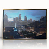 Acrylic print of Indianapolis skyline in muted gold and gray tones, framed, ideal for modern art wall decor.