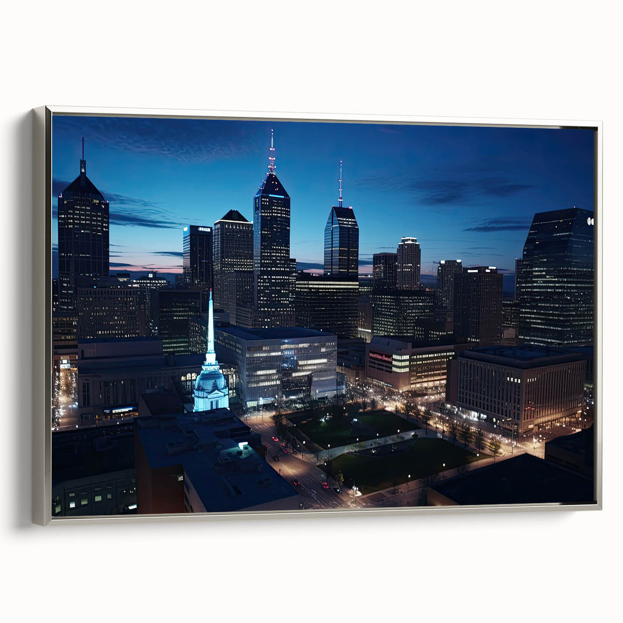 Framed canvas of Indianapolis skyline in colorful hues, ideal for office wall decor.
