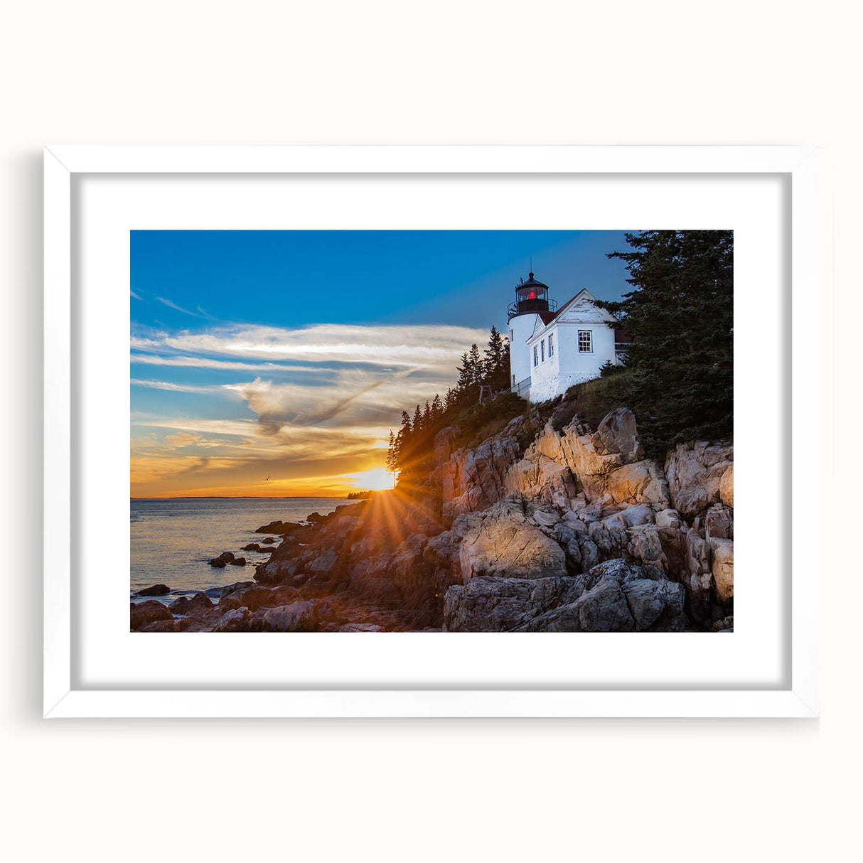 Abstract art print of Acadia National Park in muted green and blue tones, framed in white, ideal for dining room decor.