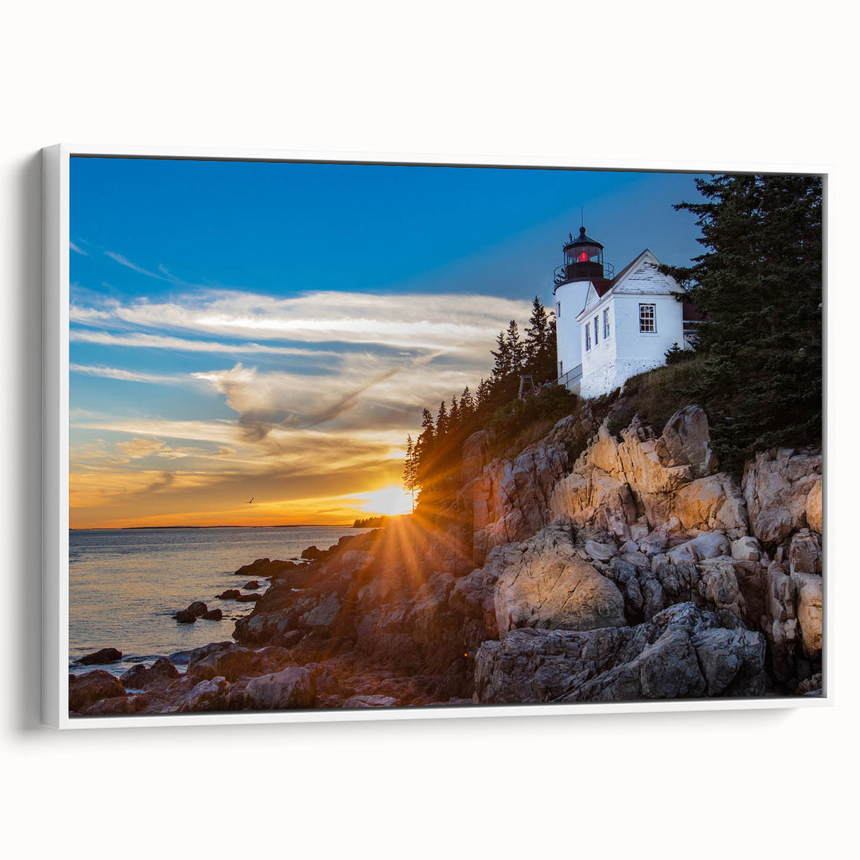 Vintage poster art of Acadia, Maine on extra large framed canvas with colorful palette, ideal for living room decor.