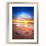 Textured abstract art print of a serene Maine landscape in muted earth tones, framed in silver, ideal for bedroom decor.