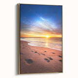 Framed canvas depicting a serene Maine landscape in muted earth tones, ideal for bedroom wall art.
