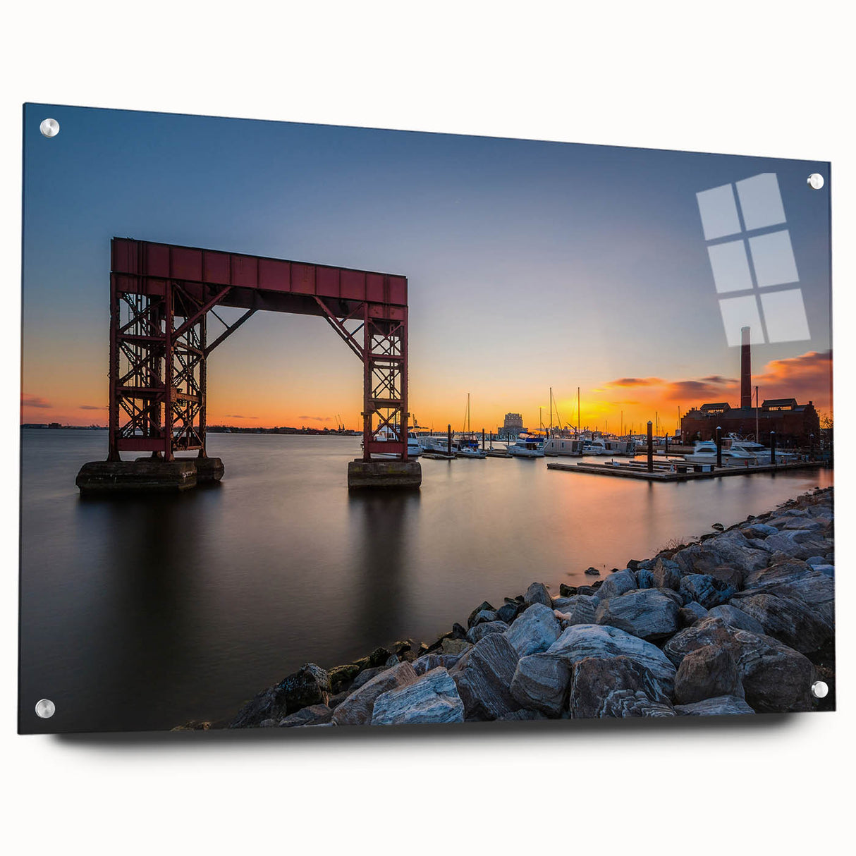 Acrylic print of a large abstract depiction of the Baltimore skyline in muted gray and blue tones.