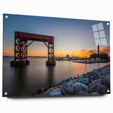 Acrylic print of a large abstract depiction of the Baltimore skyline in muted gray and blue tones.