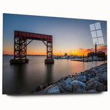Large abstract depiction of Baltimore skyline in muted blue and gray tones on acrylic glass.