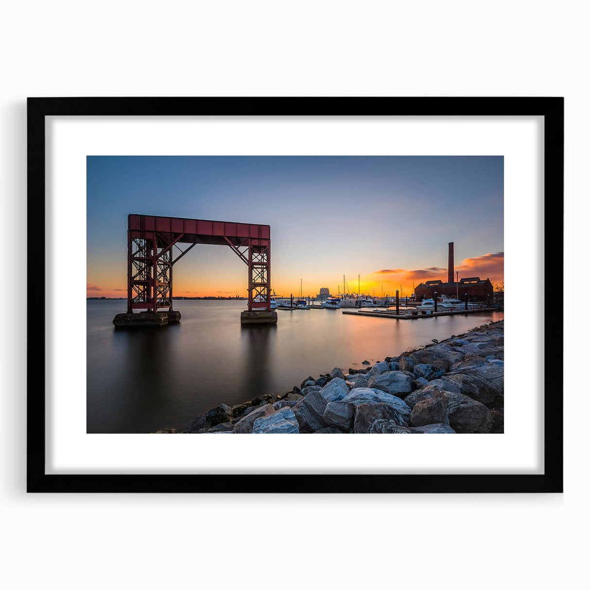 Extra large abstract art print of Baltimore skyline in colorful, textured strokes on a black framed canvas.