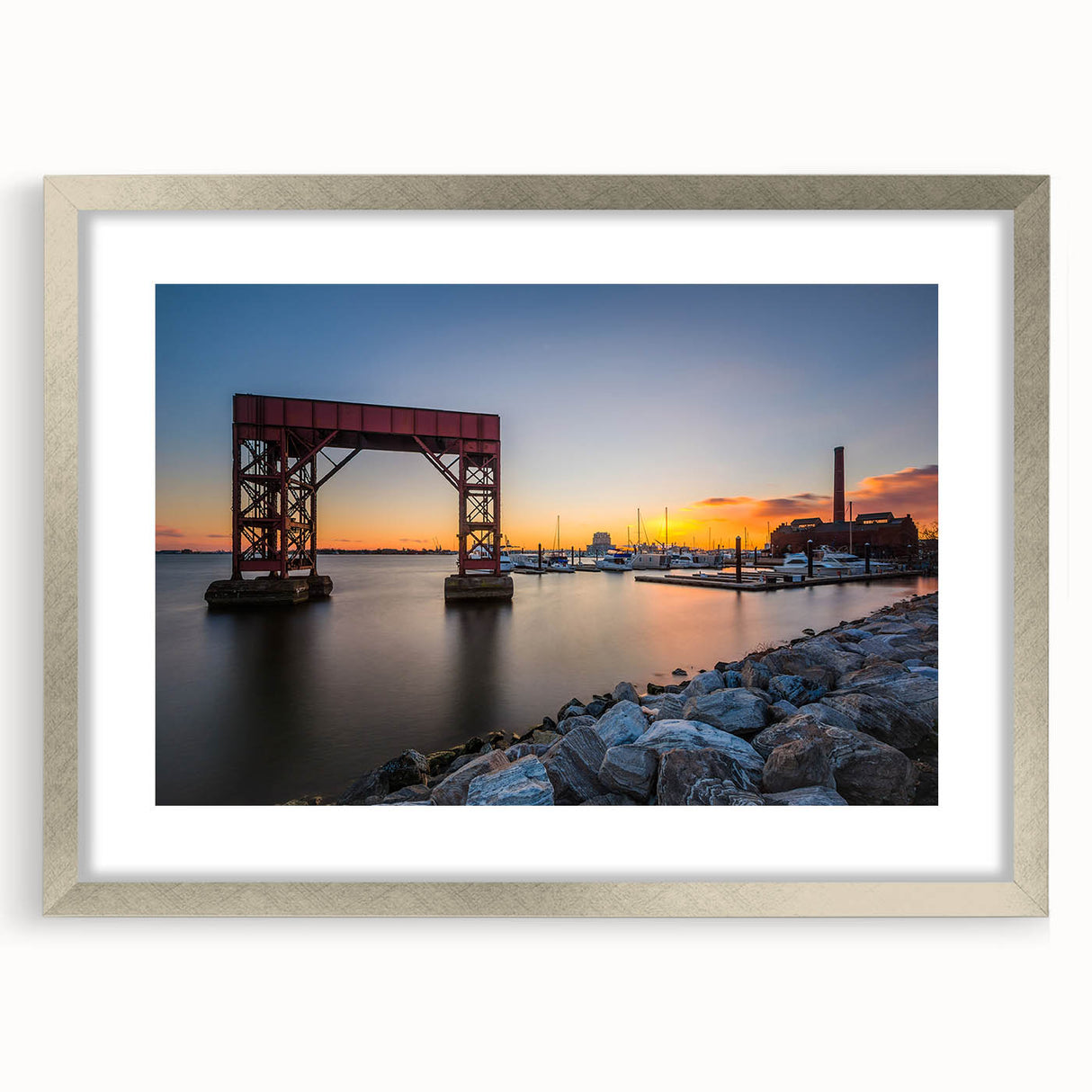 Textured abstract art print of Baltimore skyline in silver frame, in muted earth tones, ideal for bedroom art.